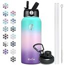 Elvira 32oz Vacuum Insulated Stainless Steel Water Bottle with Straw & Spout Lids, Double Wall Sweat-Proof BPA Free to Keep Beverages Cold for 24Hrs or Hot for 12Hrs-Green/Pink/Purple Gradient
