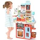 CUTE STONE Pretend Play Kitchen, Water Sink, Stove with Steam&Light&Sound, 63PCS Toy Kitchen Accessories with Toy Food, Pots, Utensils, Kids Kitchen Play Set, Ideal Gift for Boys Girls Toddlers(Pink)