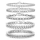 VNOX Silver Chain Bracelets for Men - 5 Pcs Solid Stainless Steel Rope/Figaro/Paperclip/Cuban Link Curb Chunky Chain Bracelet Set Wrist Band for Men Women Boys,Size 8.3 Inches