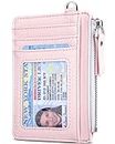 Teskyer Slim Minimalist Wallet, RFID Blocking Credit Card Holder Leather Wallet with Zipper Pocket for Men Women - Lichee Light Pink