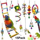 15 Pack Parrot Toys Set Metal Rope Ladder Small Stand Budgie Cockatiel Cage Bird