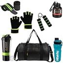 Premium Gym Accessories Combo Set for Men and Women Workout with Whey Bottle, Hand Gripper,Duffle Bag, Wrist Wrap, Hand Gloves Sipper/Shaker - All-in-One Fitness Gym Kit (Pack of 7) (Green)