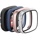 Cases compatible with Fitbit Sense/Fitbit Versa 3 Screen Protector, Hard PC Plated Full Coverage Screen Bumper Full Sensitive Cover (Black+Rose gold+Navy blue+Clear)