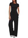 Darong Women's 2 Piece Outfits Lounge Sets Ruched Short Sleeve Tops and High Waisted Wide Leg Pants Tracksuit Sets, Black（29" Inseam）, Large