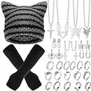 Sureio 25 Pcs Y2K Grunge Knitted Cat Beanie with Fairy Grunge Ripped Gloves Earrings Necklace Rings Devil Horn Grunge Accessories, one size, Metal, alloy