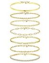 Adramata 7Pcs Ketten Armbander 14 Karat Vergoldet Armkette Twist Figaro Kettenarmbänder Verstellbar CZ Modeschmuck Set Silber Gold für Damen Mädchen