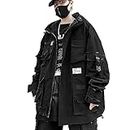 XYXIONGMAO Gothic Clothes Tactical Cyberpunk Techwear Zipper Jacket Windbreaker Hooded Streetwear Jackets for Men, Black, XXL
