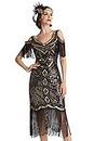 BABEYOND Womens 1920s Flapper Dress Vintage Long Fringe Dress Roaring 20s Sequins Beaded Dress, BlackGold, Medium