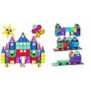 Playmags 100 3D Magnetic Blocks Set For Kids - Learn Shapes, Colors, & Alphabets & 50 Piece Accessory Set for Kids with Strong Magnets (50 Piece Set W/4 Cars)