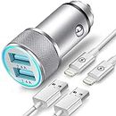 TIKALONG Car Charger, 2.4A Metal Cigarette Lighter Adapter with 2 Lightning Cables, Dual-Port USB Socket with LED, Compatible with iPhone 13/12/11/Pro Max/mini/SE/XS/XR/X/8/7/6 etc.