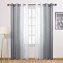 DWCN Grey Ombre Sheer Curtains - Gradient Faux Linen Semi Voile Bedroom and Living Room Curtains, Set of 2 Grommet Top Window Curtain Panels, 52 x 84 Inches Long