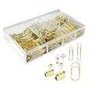 Gold Paper Clips Binder Clips, 154 PCS Luxury Gold Office Supplies Gift Set with Jumbo Paper Clips, Large Small Paper Clamps Binder Clips Clear Push Pins Office School Desk Organizer (Gold)
