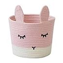 T&T Homewares Small Cotton Rope Storage Basket with Cute Pink Bunny for Baby Diaper Organizer, Baby Laundry Baskets, Nursery Storage, Kids Room Organizer, Cat Dog Toy Storage