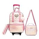 Meetbelify Rolling Backpack for Girls Backpack with Wheels for Big Kids School Bags with Lunch Box, Love Pink, Backpack