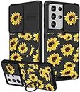 Funermei (2in1 for Samsung Galaxy S21 Ultra Case for Women Sunflower Cute Girls Phone Cover Flowers Floral Girly Sun Flower Black Design with Camera Cover+ Ring Stand for S21 Ultra Phone Case
