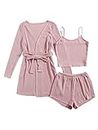 SOLY HUX Womens Pajama Sets 3 Piece Lounge Set Ribbed Knit Cami Top and Shorts Soft Sleepwear with Robe Cardigan, Pink, Large