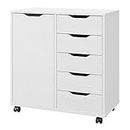 Panana 5-Drawer Chest with 1 Door, Wooden Chest of Drawers Storage Dresser Cabinet with Wheels, Office Organization and Storage, Bedroom Furniture (White)