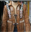New Men's Native American Eagle Beads Suede Leather Jacket Fringes bones