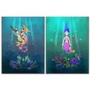 Wee Blue Coo Pack of 2 A4 Cute Kids Bedroom Fairytale Mermaid Sea Princess Wildlife Landscape Unframed Wall Art Living Room Prints Set