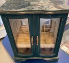 Vintage Armoire Style Wind Up Musical Jewelry Box Wood Etched Glass Teal Gold