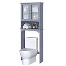 Yaheetech Over The Toilet Storage Cabinet, Free Standing Toilet Rack with Adjustable Shelves and Tempered Glass Doors for Bathroom Washroom, Grey