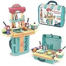 SUPERELE Toy Kitchen Play Set for Kids Girls Boys Birthday Gift Little Chef 3-in-1 Toy Suitcase Play Kitchen with Pots Pans Dishes Foods Pretend Play Kitchen Toy for Toddlers (Green)