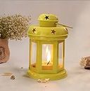 eCraftIndia Metal Lantern Decoration with Tea Light Candle (10 cm x 10 cm x 15 cm, Yellow)