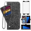 Asuwish Compatible with Samsung Galaxy S7 Edge Wallet Case Tempered Glass Screen Protector Card Holder Stand Kickstand Cell Phone Cases for Glaxay S7edge Gaxaly S 7 Plus Galaxies GS7 7s 7edge Black
