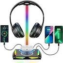 New bee RGB Headphone Stand with Wireless Charging and 2 USB-C & 1 USB Charging Ports, Desk Gaming Headset Holder with 7 Light Modes and Non-Slip Rubber Base Suitable for All Earphone Accessories