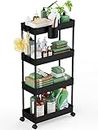 LEHOM Slim Rolling Storage Cart - 4 Tiers Bathroom Organizer Utility Cart Slide Out Storage Shelves Mobile Shelving Unit for Kitchen, Bedroom, Office, Laundry Room, Small Narrow Spaces Black