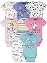 Onesies Brand Baby Girls' 8-Pack Short Sleeve Printed Bodysuits, White Unicorns, 0-3 Months