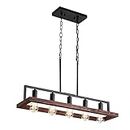 Fivess Lighting 5-Light Industrial Rustic Kitchen Island Lighting, Black Wood and Metal Linear Chandelier, Farmhouse Pendant Light Fixture for Kitchen Island Dining Room, Black