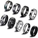 EIELO 9Pcs Stainless Steel Band Rings for Men Women Cool Fidget Spinning Chain Ring Anxiety Relief Fashion Simple Wedding Engagement Black Ring Set, Metal, Cubic Zirconia