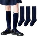 Girls Knee High Socks/Cable Knit/Ribbed School Uniform Socks 3/6 Pack Seamless Tube Socks Unisex Kids Soccer Socks 3-14 Years, Cable-navy, 3 Pairs, 5-7 Years