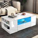 LED Coffee Table Wooden 2 Drawer Storage High Gloss Modern Living Room Furniture