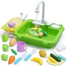 CUTE STONE Kitchen Sink Toys W/Running Water, Play Sink Dishwasher W/Upgraded Electric Faucet, Automatic Water Cycle System, Educational Pretend Role Play Kitchenware Toys for Kids Boys Girls(Frog)