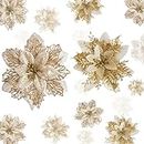 AotheFory Christmas Poinsettia Gold Flowers 24 Pack Glitter Silk Flowers for Christmas Tree Ornaments Xmas Wreaths Garland Winter Holiday Decorations (Gold)