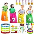 SelfTek 34 Pcs Sports Day Kit Outdoor Games for Kids, Potato Sack Race Bags, Ring Toss Game, 3 Legged Race Bands, Egg and Spoon Race Game, Catch Tail Game, Games Kit for Kids and Family