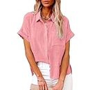 Solid Color Linen Casual Loose Shirt Short Sleeve for Women Comfortable Casual Button Down Shirt Office Work Blouse with Pocket (4XL,Pink)