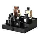 Black Wooden Cologne Organizer for Men - 3 Tier Wooden Perfume Display Stand with Drawer and Hidden Compartment for Organizing and Storing, Cologne Holder Shelf for Dresser