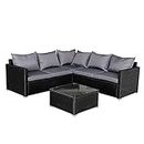 Panana Rattan Furniture Set 5 Seater Lounge Corner Sofa Set with Table Stool and Cover Garden Patio Conservatory Outdoor Black Wicker with Grey Cushion