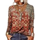 Friday Black Deals Long Sleeve Tshirt Shirts for Women Vintage Floral Print Button Down Henley Tops Casual Loose Comfy Fall Blouses 2024 Work Blouses for Women Red XL