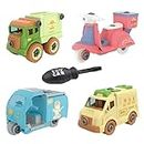 Kiddie Galaxia Food Transport Foldable Vehicles Car Toy Pack Of 4 With 1 Screwdriver Tools,Kids Stem Toys Including 1 Scooter,1 Truck,1 Rickshaw,And 1 Van For Toddlers Boys 2-6 Year Old,Multicolor