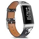 VANCLE bands for Fitbit Charge 4 Band/Fitbit Charge 3 Band for Women Men, Leather Wristband with Metal Connectors for Fitbit Charge 3 / Fitbit Charge 4 (Gray flower)