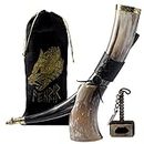 FENRIR Viking Drinking Horn - 15 Inch with Horn Stand & Brass Rim | 100% Authentic Handmade | Food Grade | Unique Genuine Ox Horn | Natural Shine Finish | Gift Bag
