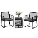 Outsunny 3 Pieces Wicker Patio Furniture, Outdoor Patio Set PE Rattan Balcony Furniture with Soft Seat Cushions, Tempered Glass Table for Garden, Backyard, Black