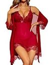 RSLOVE Sexy Lingerie for Women Lace Babydoll with Robe Nightdress Sleepwear Wine Red Medium