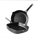 Meyer Pre-Seasoned Cast Iron 2 Piece Cookware Set - 25cm Cast Iron Grill Pan and 26cm Frying Pan | Iron Cookware for Kitchen | Set Combo Offer | Cast Iron Utensils for Cooking, Black