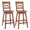 COSTWAY 24-Inch Counter Height Stool Set of 2, Rubber Wood Swivel Bar Stool with Inclined Backrest, Curved Seat & Footrest, Bar Chair for Kitchen Island & Pub (2, Walnut)