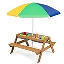 Costzon Kids Picnic Table, 3 in 1 Sand & Water Table w/Height Adjustable Umbrella, Removable Tabletop, Children Outdoor Toy Playset w/2 Play Boxes, Wooden Convertible Activity Table for Toddlers